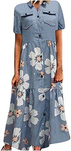שמלת קיץ ג'נרית לנשים 2023 כפתור רופף מודפס v ג 'ג'ינס שרוול קצר שמלה ארוכה