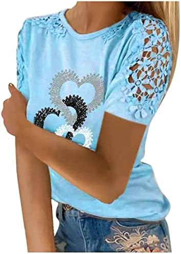 נשים של קיץ חולצות 2023 מזדמן הדפסה עגול-צוואר תחרה חלול החוצה קצר שרוול סוודר הרזיה חולצה חולצה