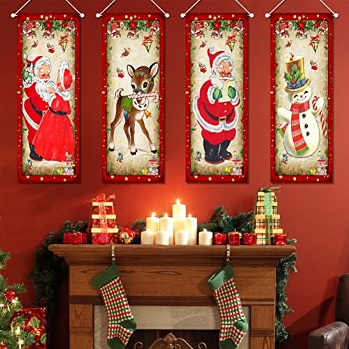 סט גדול של 4 קישוטים לחג המולד וינטג 'סנטה קלאוס נמתח דיוקנאות חיצוניים ויניל קישוט לחג המולד, פוסטר תפאורת חג המולד